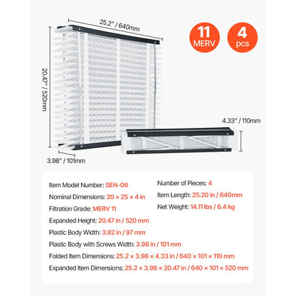 SEN-06 - 20x25x4 Electrostatic Pleated HVAC Filter for Air Purification