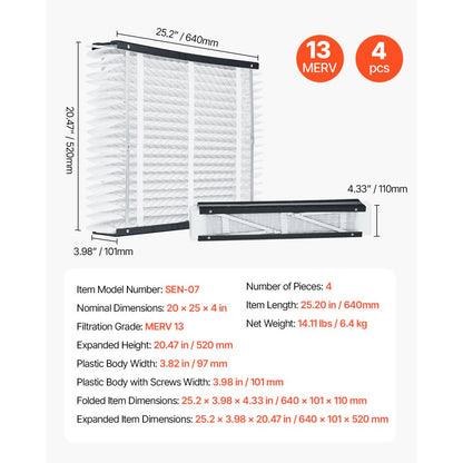 SEN-07 - MERV 13 20x25x4 Electrostatic HVAC Filter for Clean Air