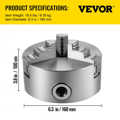 K11-160 - 6.3" Self-Centering 3-Jaw Lathe Chuck for Precision Grinding