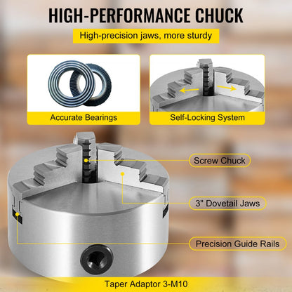 K11-200 - 8" Self-Centering Steel Lathe Chuck for Versatile Use