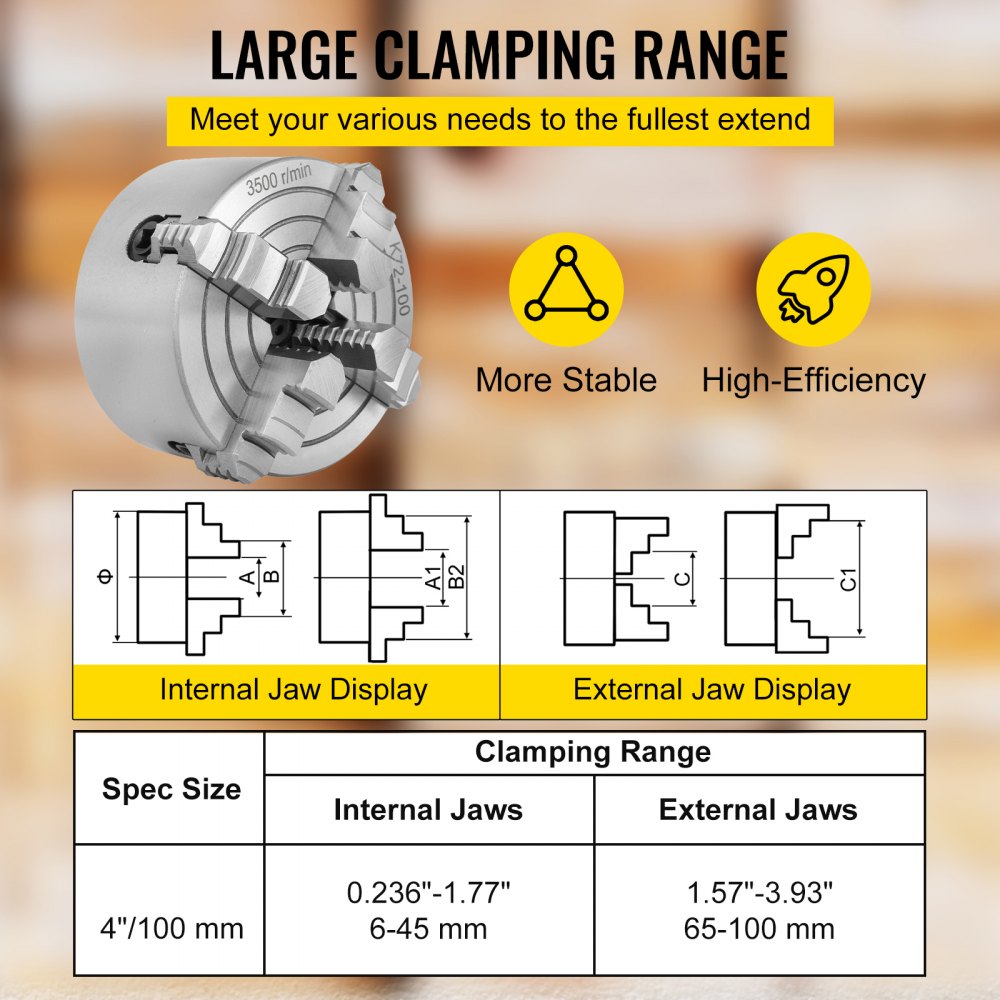 010218472790 - 4-Jaw Lathe Chuck, 0.236"-1.77" Holding Range, Steel Construction