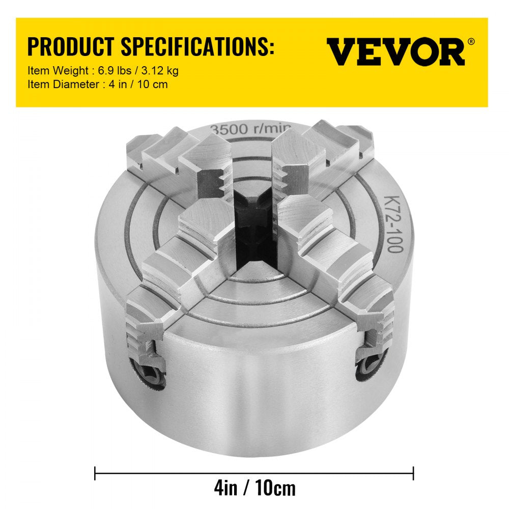 010218472790 - 4-Jaw Lathe Chuck, 0.236"-1.77" Holding Range, Steel Construction