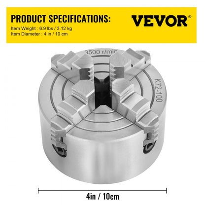 010218472790 - 4-Jaw Lathe Chuck, 0.236"-1.77" Holding Range, Steel Construction
