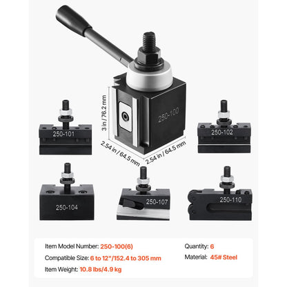 250-100(6) - Durable 6-Piece Quick Change Tool Post Set for 6"-12" Lathes