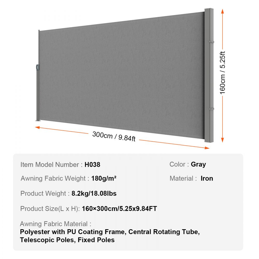H038 - VEVOR 63"x118" Retractable Awning for Outdoor Privacy Protection