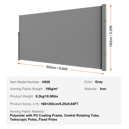 H038 - VEVOR 63"x118" Retractable Awning for Outdoor Privacy Protection