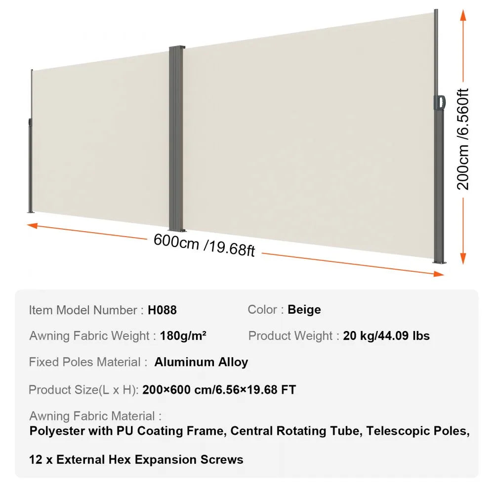 H038 - 79"x236" VEVOR Retractable Awning for Indoor/Outdoor Privacy