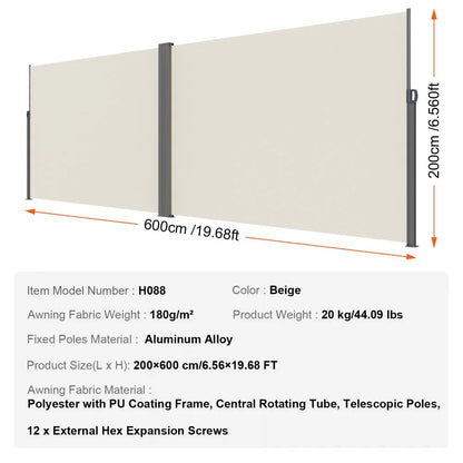 H038 - 79"x236" VEVOR Retractable Awning for Indoor/Outdoor Privacy