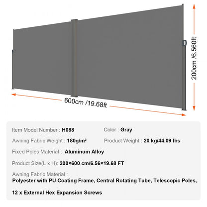 H038 - 79"x236" VEVOR Retractable Awning with UV & Wind Protection