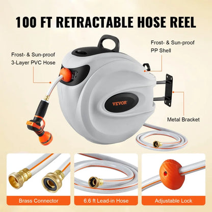 010108687040 - VEVOR 100' Retractable Hose Reel with 9 Spray Patterns
