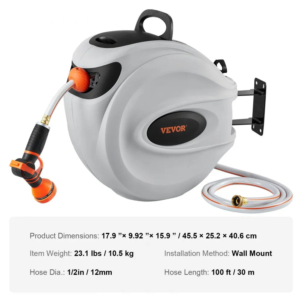 010108687040 - VEVOR 100' Retractable Hose Reel with 9 Spray Patterns