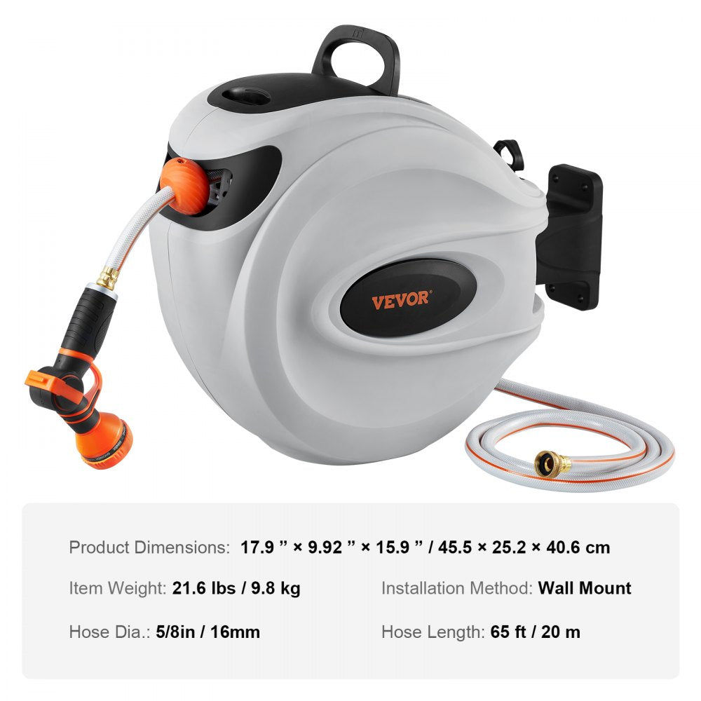 010165222228 - 65ft Wall-Mounted Retractable Hose Reel with 180° Swivel
