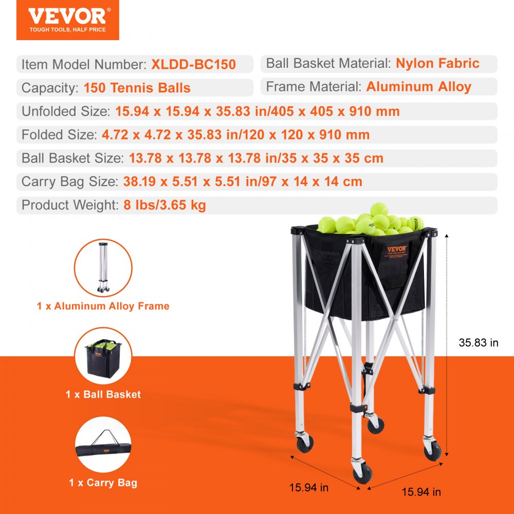 XLDD-BC150 - VEVOR Portable 150-Ball Tennis Hopper with Swivel Wheels