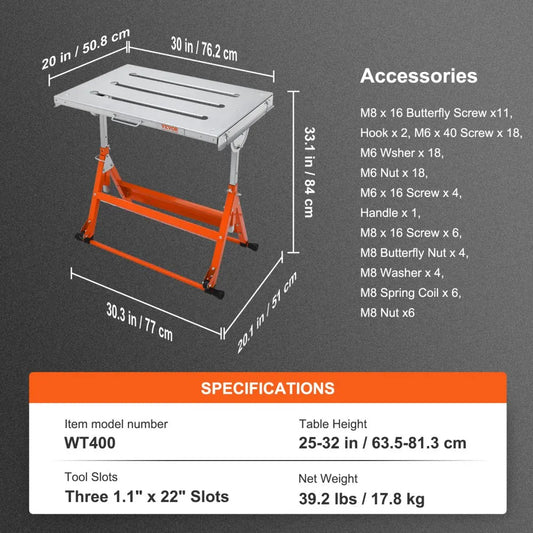 WT400 - 30" x 20" Carbon Steel Welding Table, 400lbs Capacity