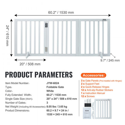 JYW-6024 - 60" Freestanding Dog Gate for Active Pets
