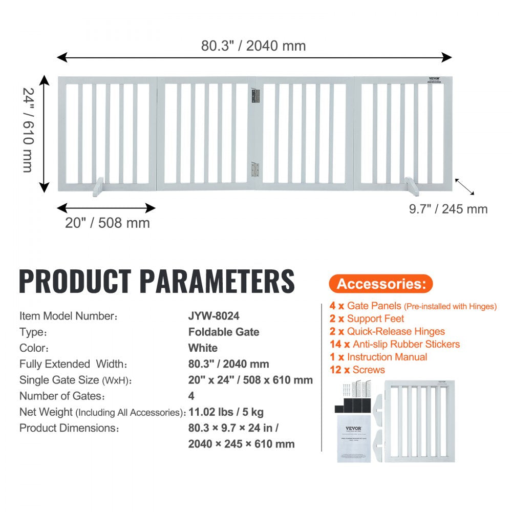 JYW-8024 - Stylish 80.3" Wooden Dog Gate with Quick-Release Hinges
