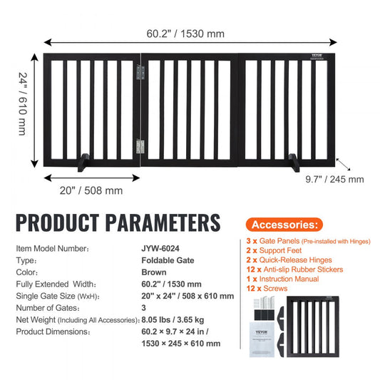 JYW-6024 - 60" Foldable Solid Wood Dog Gate for Pets