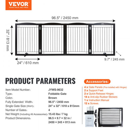 JYWS-9632 - 32" VEVOR Sturdy Freestanding Dog Gate in Brown