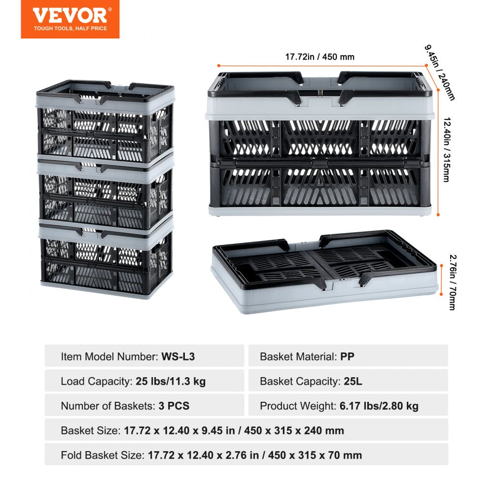 WS-L3 - Set of 3 Collapsible 25L Baskets with Ergonomic Handles
