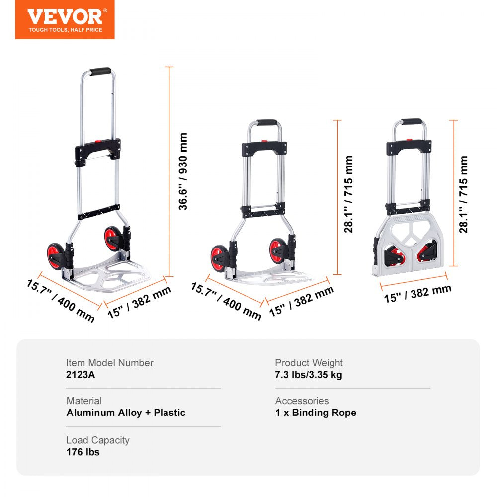 2123A - Compact Aluminum Folding Hand Truck, 176 lbs Capacity, 7.3 lbs