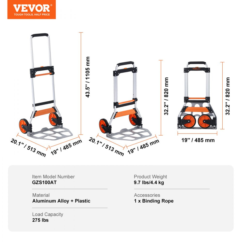 GZS100AT - 275 lbs Lightweight Aluminum Folding Hand Truck with Telescoping Handle