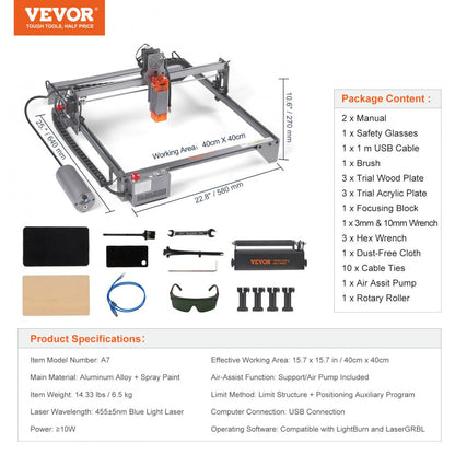 A7 - VEVOR 10W Laser Engraver 15.7" x 15.7" for Precise Cutting