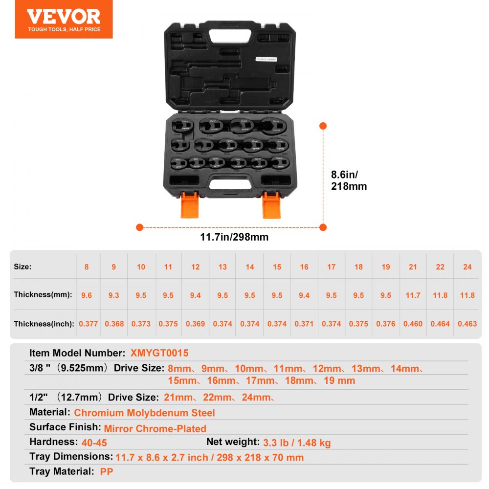 XMYGT0015 - 12-Piece Crowfoot Wrench Set, 8mm to 24mm, Durable CRMO Steel