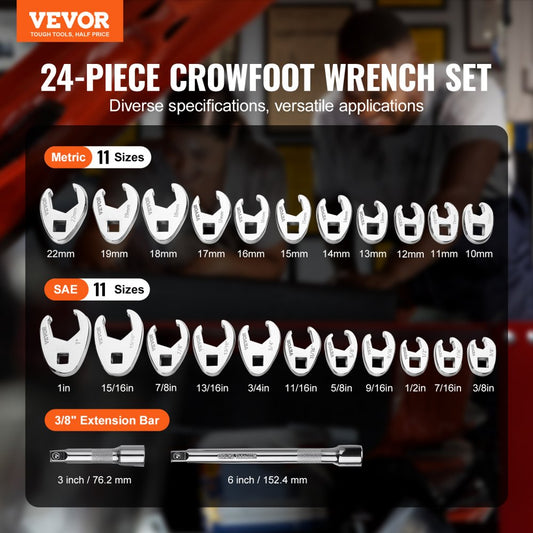 XMYGT0024 - 24-Piece Crowfoot Wrench Set with Extensions - SAE & Metric