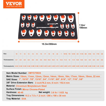 XMYGT0024 - 24-Piece Crowfoot Wrench Set with Extensions - SAE & Metric