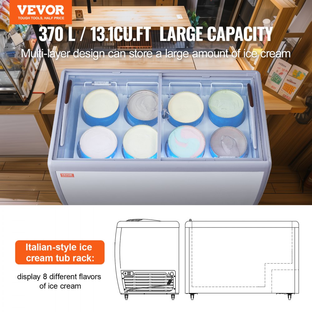 RI-360DC - 370L Ice Cream Display Freezer with LED & Glass Door