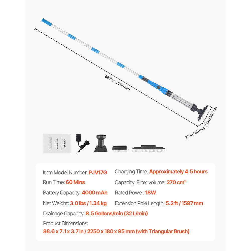PJV17G - Cordless 18W Pool Vacuum with 60 Min Run Time & Accessories