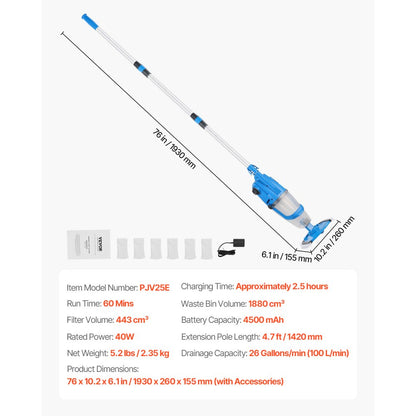 PJV25E - Ultra-Powerful Cordless Spa Vacuum with 60-Min Runtime