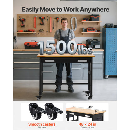 WTD48 - 48"x24" Solid Wood Workbench on Wheels, Supports 1500 lbs