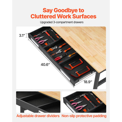 WTD48 - 48"x24" Solid Wood Workbench on Wheels, Supports 1500 lbs