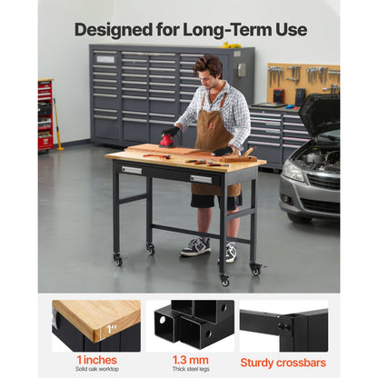 WTD48 - 48"x24" Solid Wood Workbench on Wheels, Supports 1500 lbs