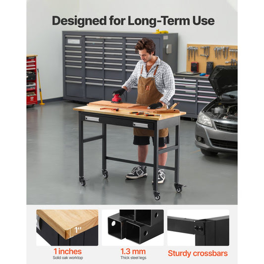 WTD48 - 48"x24" Solid Wood Workbench on Wheels, Supports 1500 lbs