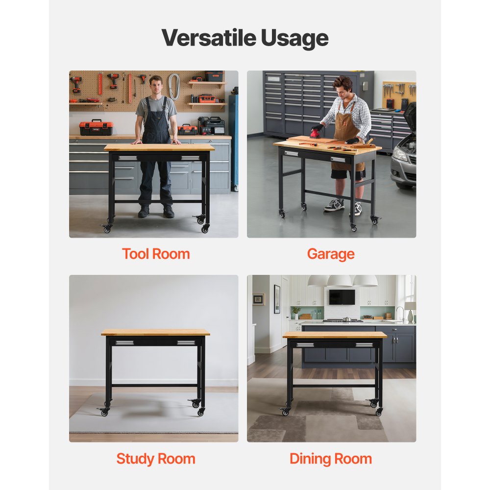 WTD48 - 48"x24" Solid Wood Workbench on Wheels, Supports 1500 lbs