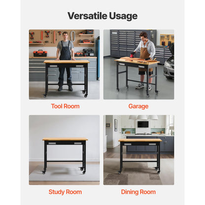 WTD48 - 48"x24" Solid Wood Workbench on Wheels, Supports 1500 lbs
