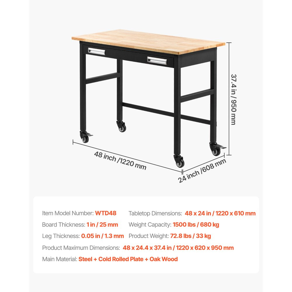 WTD48 - 48"x24" Solid Wood Workbench on Wheels, Supports 1500 lbs