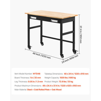 WTD48 - 48"x24" Solid Wood Workbench on Wheels, Supports 1500 lbs