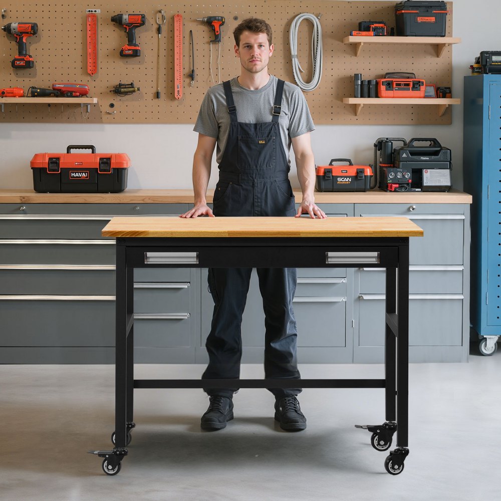 WTD48 - 48"x24" Solid Wood Workbench on Wheels, Supports 1500 lbs