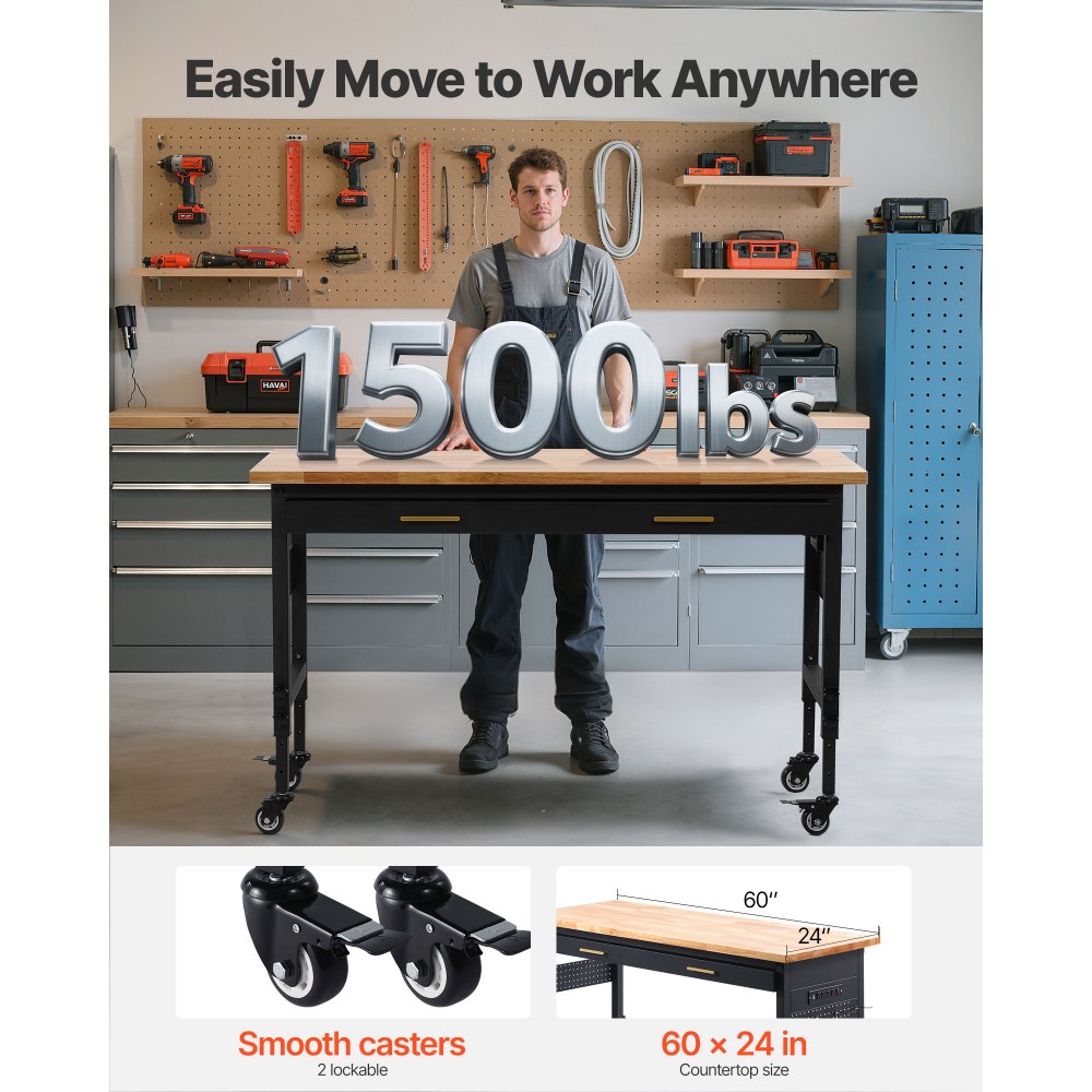 WTD60 - 60" Adjustable Workbench on Wheels with Drawers & Power Outlet