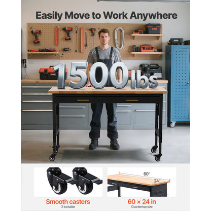WTD60 - 60" Adjustable Workbench on Wheels with Drawers & Power Outlet