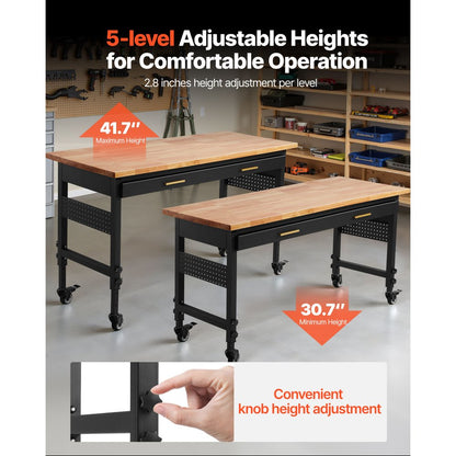 WTD60 - 60" Adjustable Workbench on Wheels with Drawers & Power Outlet