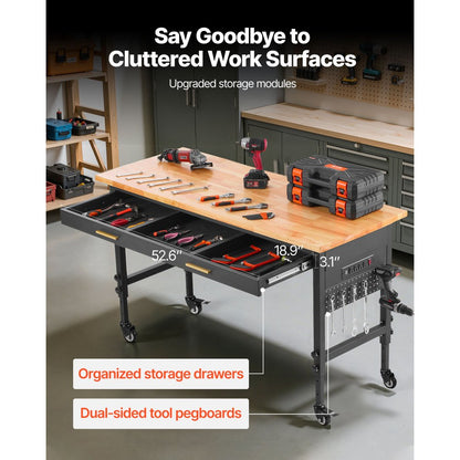 WTD60 - 60" Adjustable Workbench on Wheels with Drawers & Power Outlet