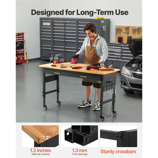 WTD60 - 60" Adjustable Workbench on Wheels with Drawers & Power Outlet