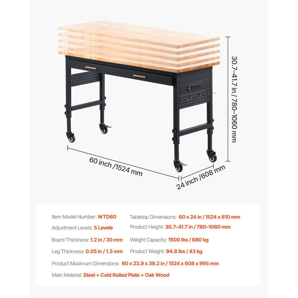 WTD60 - 60" Adjustable Workbench on Wheels with Drawers & Power Outlet