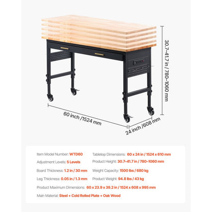 WTD60 - 60" Adjustable Workbench on Wheels with Drawers & Power Outlet