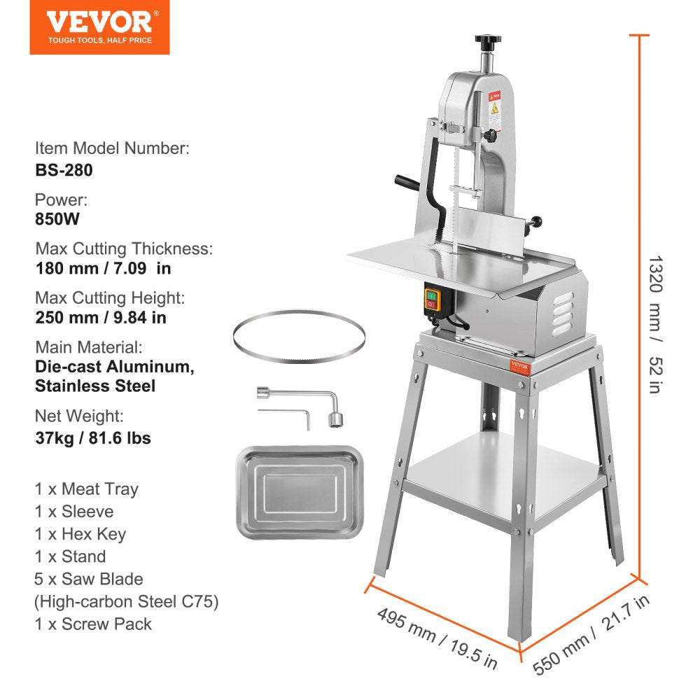 BS-280 - 850W Stainless Steel Meat Bandsaw with 7.09" Cutting Thickness