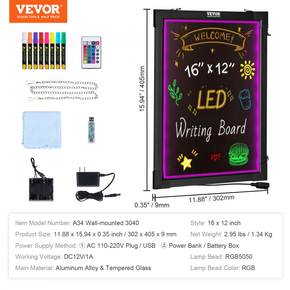 A34 Wall-mounted 3040 - Vibrant LED Message Board with Remote Control, 16" x 12"